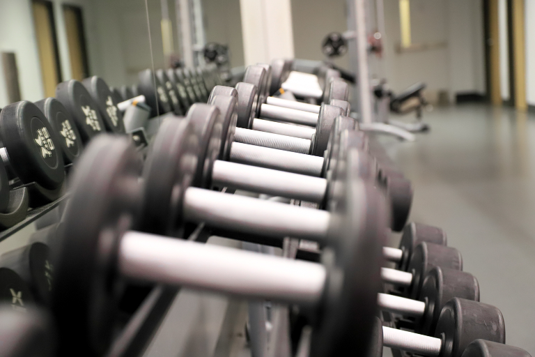 Weights on a rack.