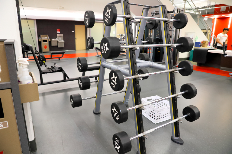 Weights on a rack.